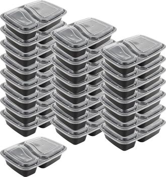 OEM Bo&icirc;te Repas - 1000 Ml - 2 Compartiments - Pp Sans Bpa - Micro-ondes Cong&eacute;lateur - Noir - 25 Pi&egrave;ces