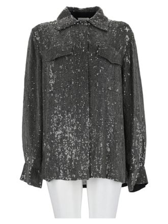 P.A.R.O.S.H. Charcoal Sequin Loose-Fit Viscose Casual Shirt