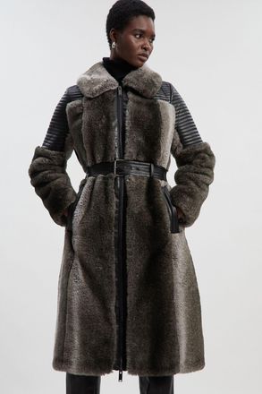 Karen Millen Womens Faux Fur & Leather Panelled Biker Belted Long Coat - Grey - Size 12 UK
