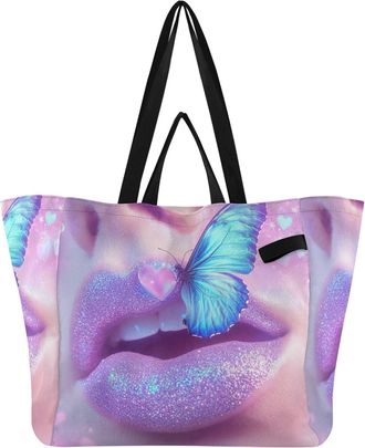 Generic Lips Pink Butterfly print Reusable Canvas Tote Bag, Heavy Duty Grocery Shopping Bag with Large Capacity Double Handles Hard Bottom Work Groceries Trav