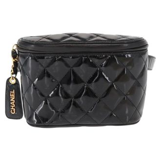 Chanel Vintage Zip Belt Quilted Lambskin Black Patent_Leather Handbag (Pre-Owned)