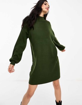 Vero Moda knit funnel neck mini dress in khaki-Green
