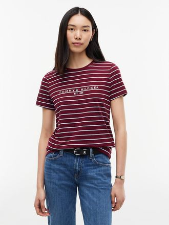 Tommy Hilfiger Womens Tommy Logo Heathered Stripe T-Shirt - Burgundy - XS