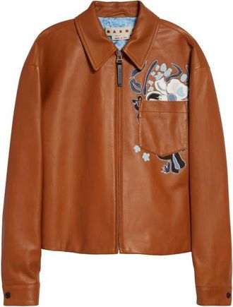 Marni Flower Intarsia Leather Overshirt in Rust at Nordstrom, Size 4 Us