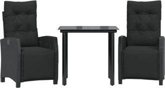 vidaXL Set Comedor De Jard&iacute;n 3 Pzas Con Cojines Rat&aacute;n Sint&eacute;tico Negro Vidaxl