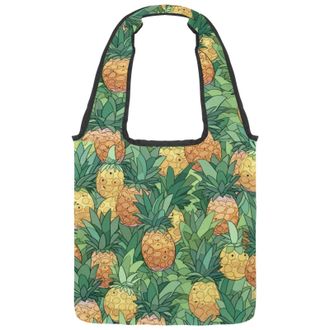 Generic Tropical Pineapple Fruit Reversible Canvas Shoulder Tote - Double-Sided Print, 12oz Cotton, 27cm Drop, Fold-Flat Bag for Travel, Shopping, Street Outi