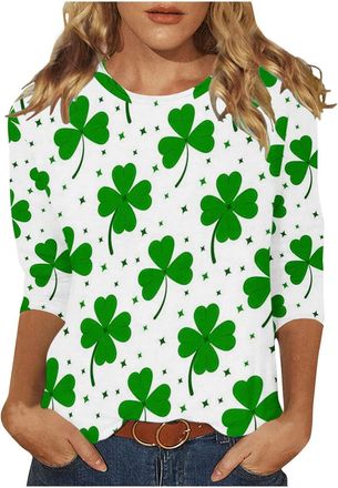 Generic St Patricks Day Womens Shirt 3/4 Sleeve Crew Neck T-Shirt for Ladies Green Lucky Shamrock Print Tops Cute Clover Graphic Tshirt Casual Loose Blouse Ir