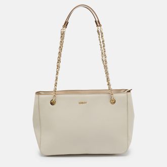 DKNY Dkny Ivory Leather Top Zip Chain Tote