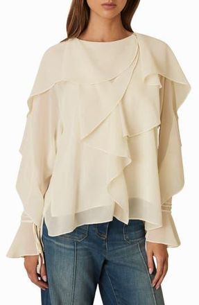 Reiss Milo Semisheer Ruffle Fluted Sleeve High-Low Top in Cream at Nordstrom Rack, Size 8 Us / 12 Uk