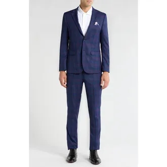 Soul of London Fancy Plaid Two Button Slim Fit Suit in Navy/Marine at Nordstrom Rack, Size 42