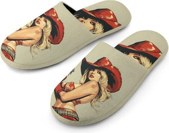 Generic Pinup Hot Woman with Gun Mens Flannel Slipper Soft Comfy House Shoes Non Slip Winter Warm Indoor Outdoor Slippers