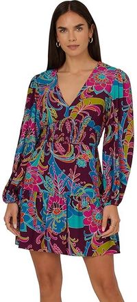 Adrianna Papell Printed Flounce Short Dress Womens Dress Purple : 16, Viscose