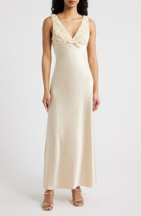 Saylor Serefina Beaded Sleeveless Satin Gown in Butter at Nordstrom, Size X-Small
