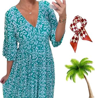 Generic Rightfavour Bohemian Dress, 2025 Summer Bohemian Casual Floral Print V-Neck Waist Wrap Long Dresses for Women Plus Size (Light Blue,3XL)