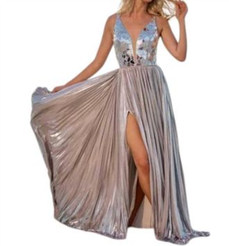 Sherri Hill Metallic Pleated Gown With Glass Cut Bodice In Silver