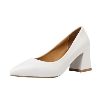 Generic British Style Ladies Leather Pointed Toe Chunky Heel Solid Colour Casual Dress Shoes for Women (White, 5.5)