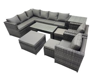 Fimous 9 Pieces Garden Furniture Corner Sofa Set & 3 Footstools Side Table in Dark Grey