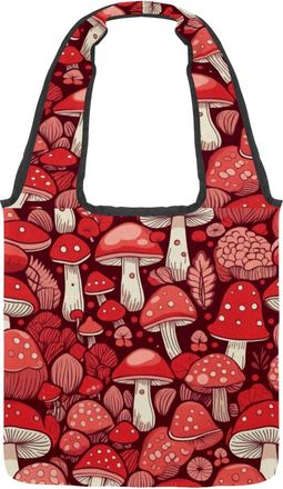 Generic Cute Red Mushroom Reversible Canvas Shoulder Tote - Double-Sided Print, 12oz Cotton, 27cm Drop, Fold-Flat Bag for Travel, Shopping, Street Outings