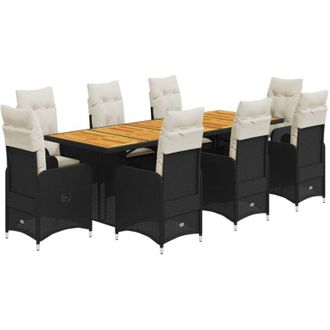 vidaXL Set De Mesa Y Sillas De Jard&iacute;n 9 Pzas Y Cojines Rat&aacute;n Pe Negro Vidaxl