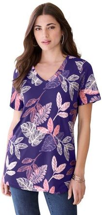 Roaman's Plus Size Cotton Ultimate V Neck Tee in Midnight Violet Palm Leaves at Nordstrom, Size 3X
