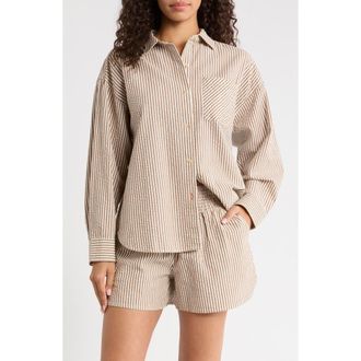 Marine Layer Gracey Stripe Oversize Cotton & Kapok Seersucker Button-Up Shirt in Mocha Stripe at Nordstrom, Size X-Small