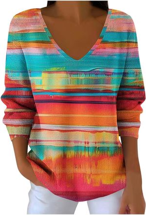 Generic Long Sleeve Jumpers for Women Casual V Neck Tops Warm Pullover Sweater Colourful Rainbow Print Knitwear Thermal Sweatshirt Elegant Soft Warm Tunics Co
