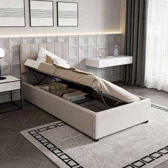 OEM Cama Lit Coffre - Nexu - 90x200 Cm - Tejido De Lino Beige - Somier De Lamas - Cabecera De 3 Posiciones