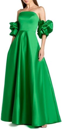 Mac Duggal Satin Off The Shoulder Puff Sleeve Ballgown in Spring Green at Nordstrom, Size 14