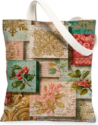 Generic Floral Canvas Tote Bags, Vintage Botanical Pattern Reusable Grocery Bags, Holiday Lightweight Washable Shoulder Strap for T, Multicolor, 13x15 Inch