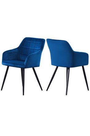 Life Interiors Set of 2 Camden Modern Velvet Dining Chairs with Armrests, Quilted Design & Black Metal Legs in Royal