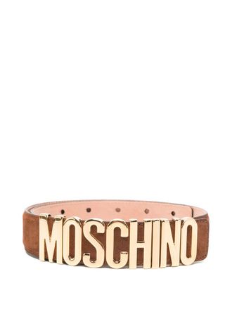Moschino Suede-Textured Brown Belt With Gold-Tone Logo Buckle