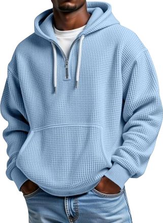 Generic Hoodies for Men UK Quarter Zip Waffle Sweatshirts Plain Long Sleeve Hoodie Mens Casual Work Hooded Sweatshirt with Kanga Pockets Light Blue