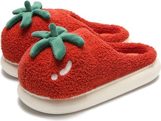 Generic Cute Red Tomato Fuzzy Slippers for Women Open Back Plush House Shoes Non-Slip Slip on Indoor Outdoor Warm Cozy, Red,7.5 UK