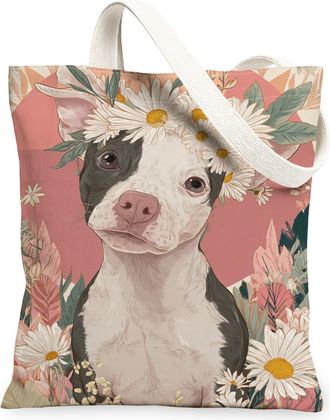 Generic Floral Dog Canvas Tote Bag, Vintage Flower Print Reusable Grocery Bags, Lightweight Washable Shoulder Strap Canvas Bags for, Peach, 13x15 Inch