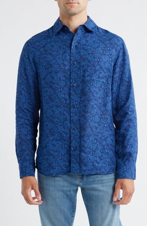 Schott NYC Floral Linen Button-Up Shirt in Dark Blue at Nordstrom, Size Xx-Large