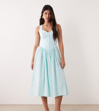 KAIIA Esclusiva Kaiia - Vestito lungo in popeline di cotone celeste con scollo a cuore e bottoni con vita scesa a V-Verde