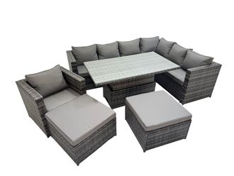 Fimous 9 Seater Rattan Corner Sofa Sets with Chair 2 Big Stools in Dark Grey