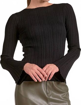 Elan Midnight Rib Knit Bell Sleeve Top In Black