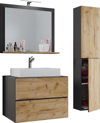 ebuy24 Ebuy24 - Vcm 4 Piezas Lavabo Lavabo Gabinete Inferior Ancho 80 Cm Muebles De Ba&ntilde;o Conjunto Con Cajones Puertas Giratorias Espejo Lendas L (antracita /