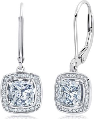 MAX + STONE 925 Sterling Silver Cubic Zirconia Halo Cushion Cut Dangle Leverback Earrings