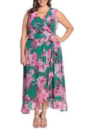 London Times Chiffon Ruffle Dress in Green/Pink at Nordstrom Rack, Size 24W