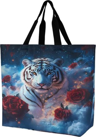 Generic Rose And Tiger Large Reusable Shopping Bag Lightweight Foldable Tote Bags Washable Shoulder Handbag