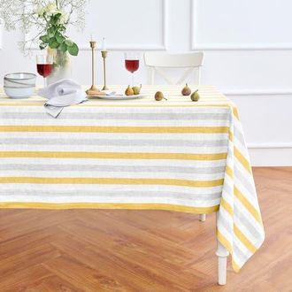 Solino Home Linen Tablecloth for Dining Table, Holiday and Everyday Dining Table Decor - Sorrento Stripe in Yellow And Grey at Nordstrom, Size Medium