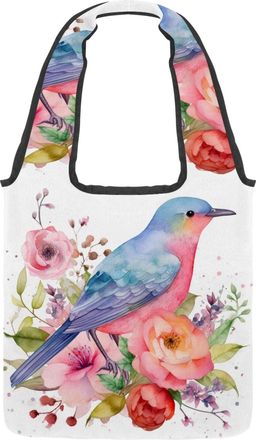Generic Watercolor Bird Floral Reversible Canvas Shoulder Tote - Double-Sided Print, 12oz Cotton, 27cm Drop, Fold-Flat Bag for Travel, Shopping, Street Outing