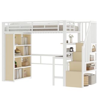 STILVORA Letto A Soppalco 90 X 200 Cm Con Scrivania, Scala Di Stoccaggio E Led, Senza Materasso, In Metallo, Bianco