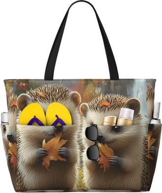 Generic Cute Hedgehog Print Large Beach Bag Foldable Travel Shoulder Tote Bag With Pocket For Weekender Pool Vacation
