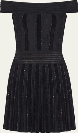 Balmain Off-The-Shoulder Metallic Velvet Pleated Knit Mini Dress
