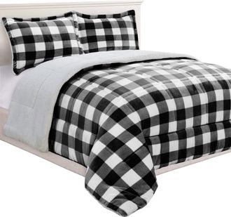 Elegant Comfort 3-Piece Buffalo Micro-Suede Reversible Sherpa - Lodge-Plaid Pattern Comforter Set
