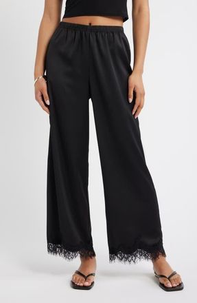 Open Edit Lace Trim Satin Pants in Black at Nordstrom, Size X-Small