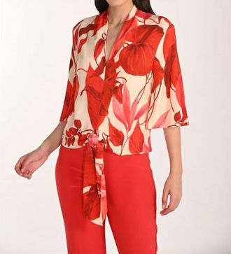 Frank Lyman Design Floral V-Neck Tie Top In Beige/lust